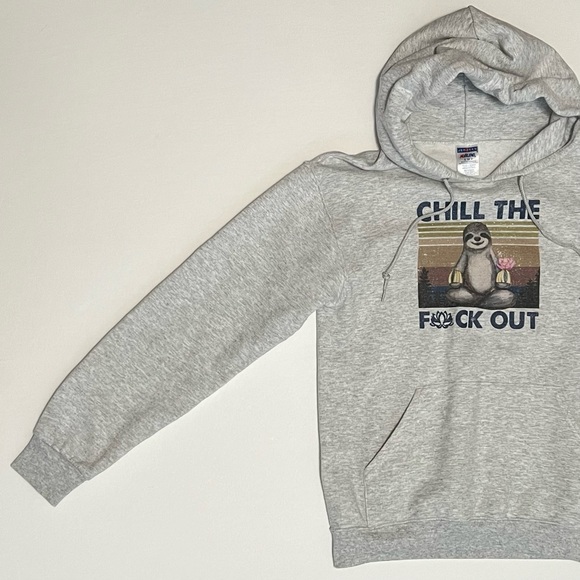Chill The F*CK Out Hoodie Sweatshirt Heather Gray Small Namaste Yoga Sloth Lotus - Picture 3 of 11
